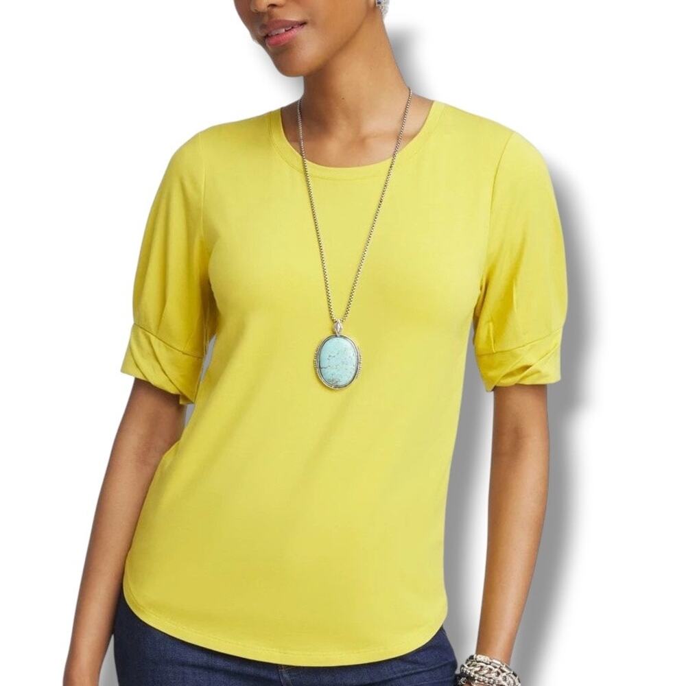 NWT Chico's Size 4 XXL Touch of Cool Pleated Roll Cuff Tee Citron Pima Cotton
